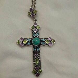 Nicky Butler Silver Cross Necklace with Purple and Turquoise Accents